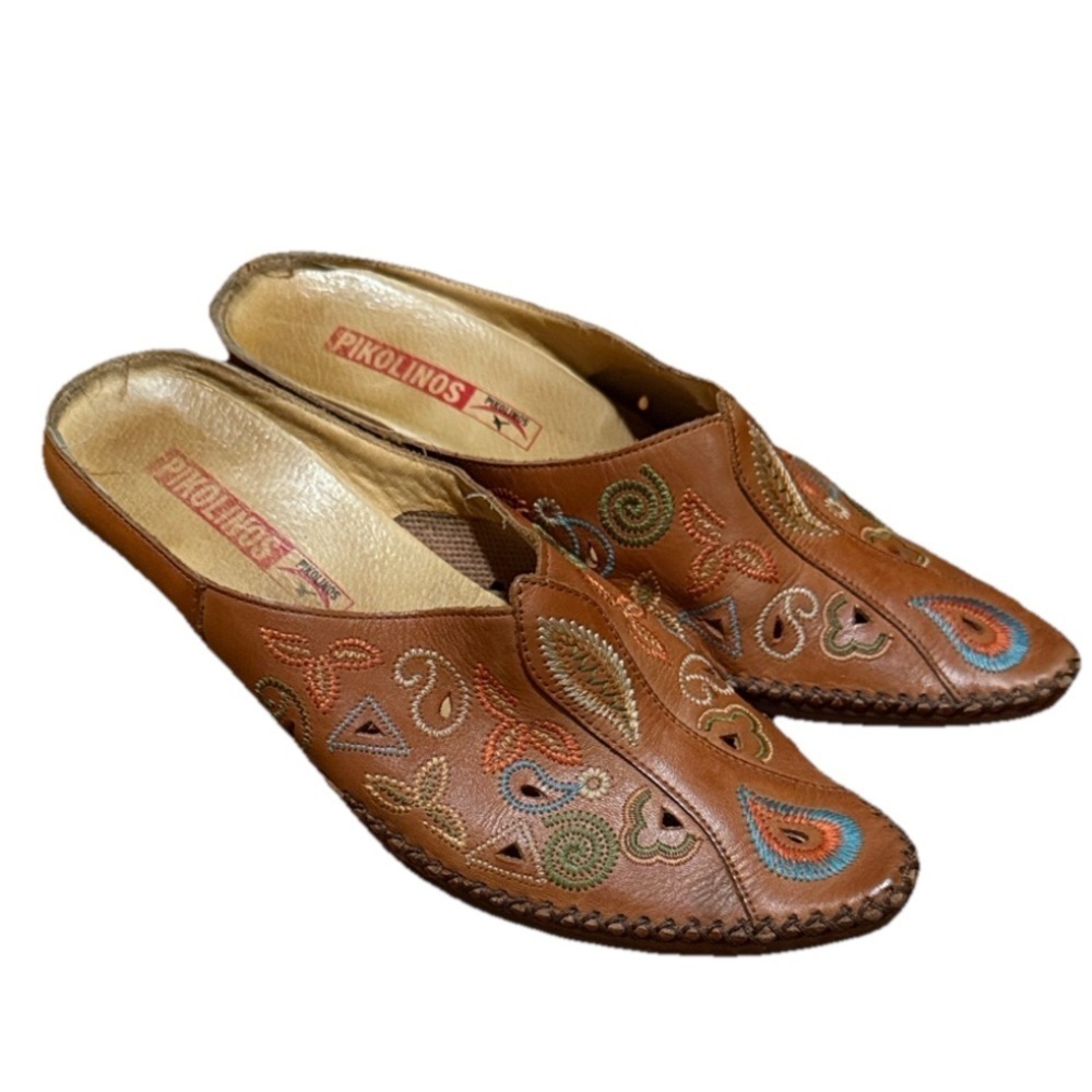 PIKOLINOS Leather Moccasin Mules with Decorative Stitching - Brown Multi size 37